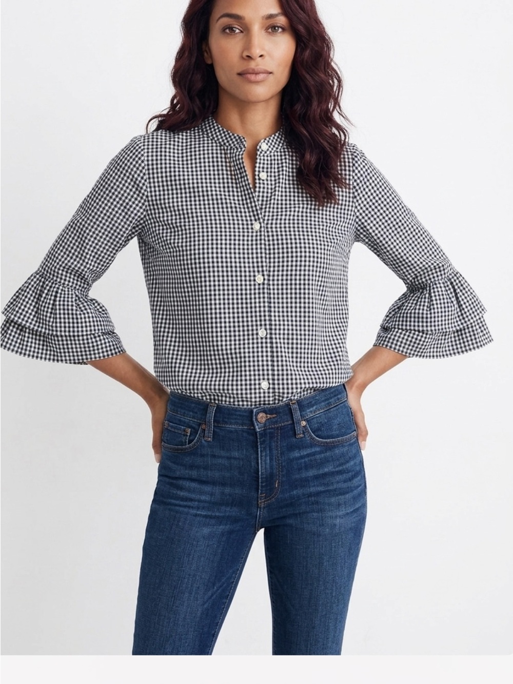 Madewell Black & White Gingham Ruffle-Sleeve Button-Down Shirt